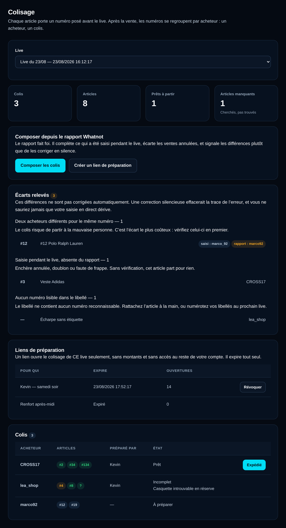 L’écran des palettes : coût total rendu, coût d’achat par pièce, montant restant à récupérer et avancement.