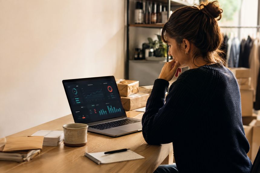 Une vendeuse consulte un tableau de bord sur son ordinateur portable, des colis préparés posés derrière elle.