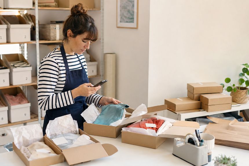 Une préparatrice consulte son téléphone en emballant des vêtements dans des boîtes en carton, sur une table d’atelier.