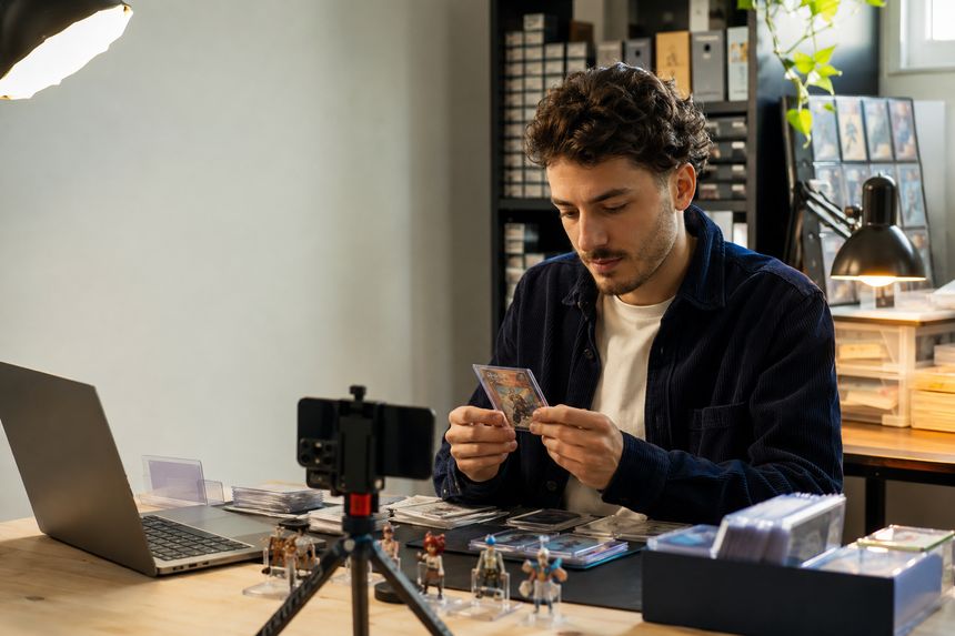 Un vendeur examine une carte de collection à son bureau, des cartes sous pochettes étalées devant lui, téléphone sur trépied et ordinateur portable ouvert.