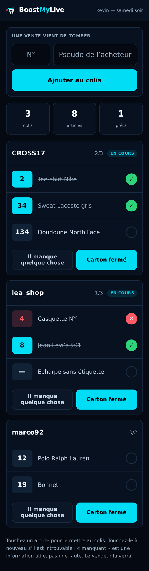 L’écran mobile du préparateur : les colis à contrôler, sans aucune adresse.